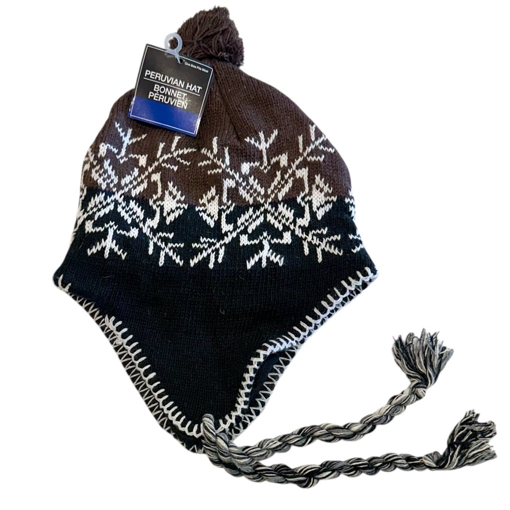 Brown and Black Snowflake Peruvian Hat with Ties